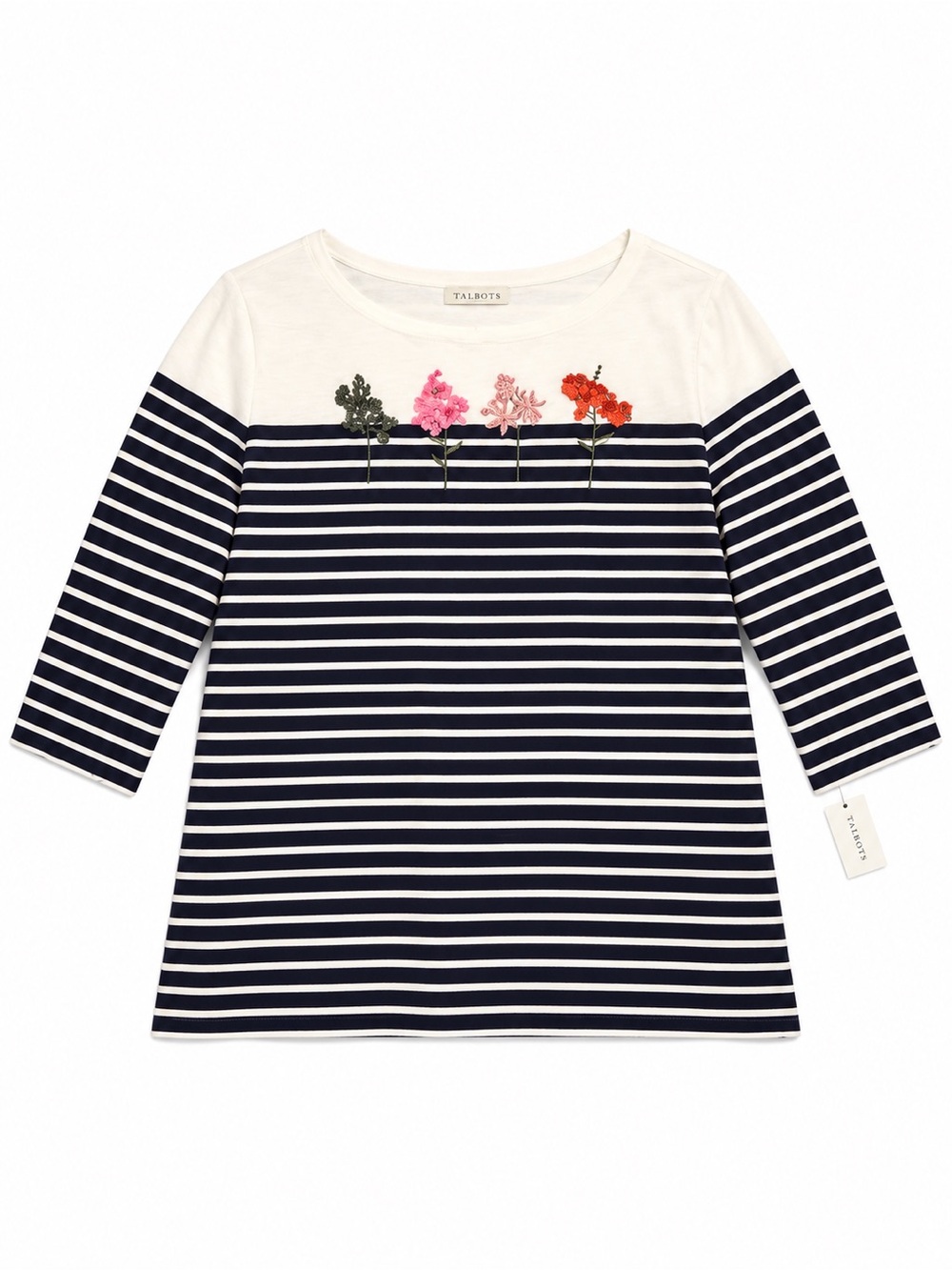 Talbots Plus Petite 2XP NWT Floral Embroidered Striped Top Navy White